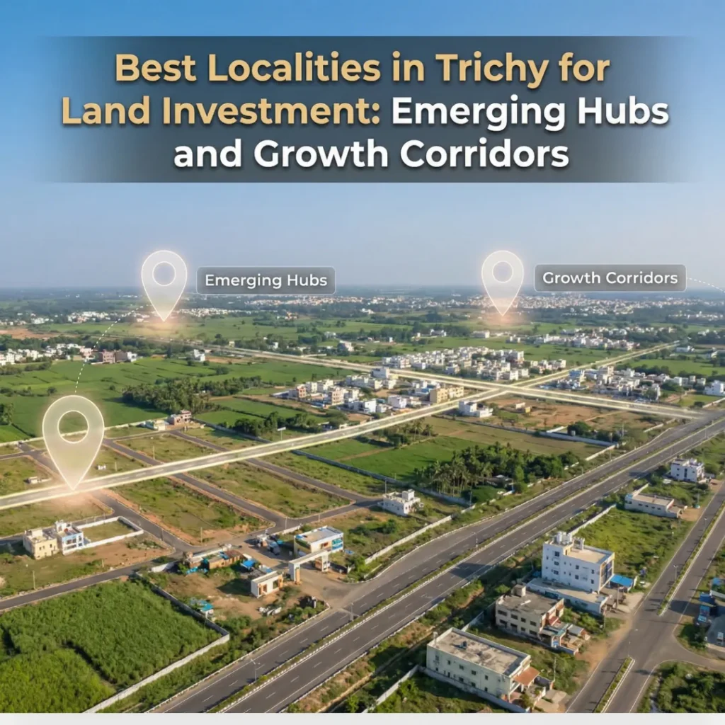 Aerial view of developing residential layouts and road networks in Trichy highlighting emerging hubs and growth corridors for land investment. Banner text reads: “Best Localities in Trichy for Land Investment: Emerging Hubs and Growth Corridors.”