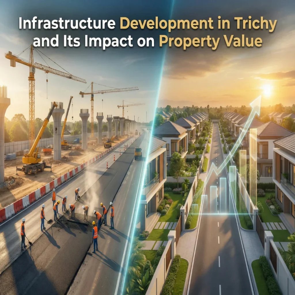 Split image showing road and infrastructure construction with cranes on one side and a modern residential neighborhood with rising property value graph on the other. Banner text reads: “Infrastructure Development in Trichy and Its Impact on Property Value.”