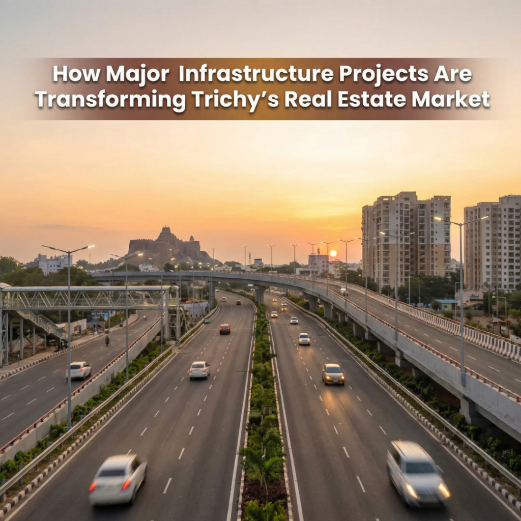 Wide view of a modern highway and flyover in Trichy with moving vehicles, residential buildings, and a temple in the background at sunset. Banner text reads: “How Major Infrastructure Projects Are Transforming Trichy’s Real Estate Market.”