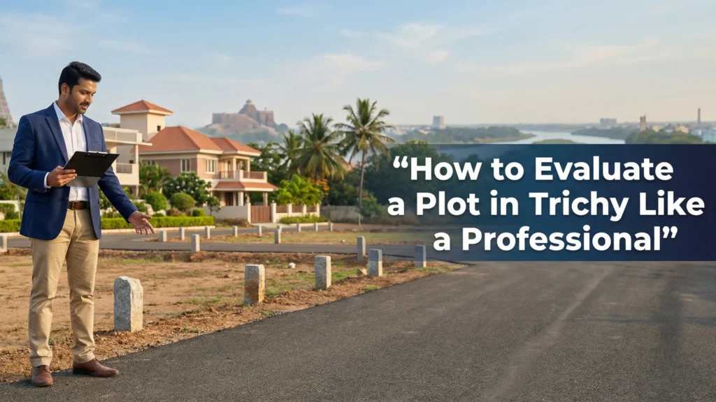 Real estate professional evaluating residential plots in Trichy with road access and houses in the background