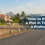 Real estate professional evaluating residential plots in Trichy with road access and houses in the background