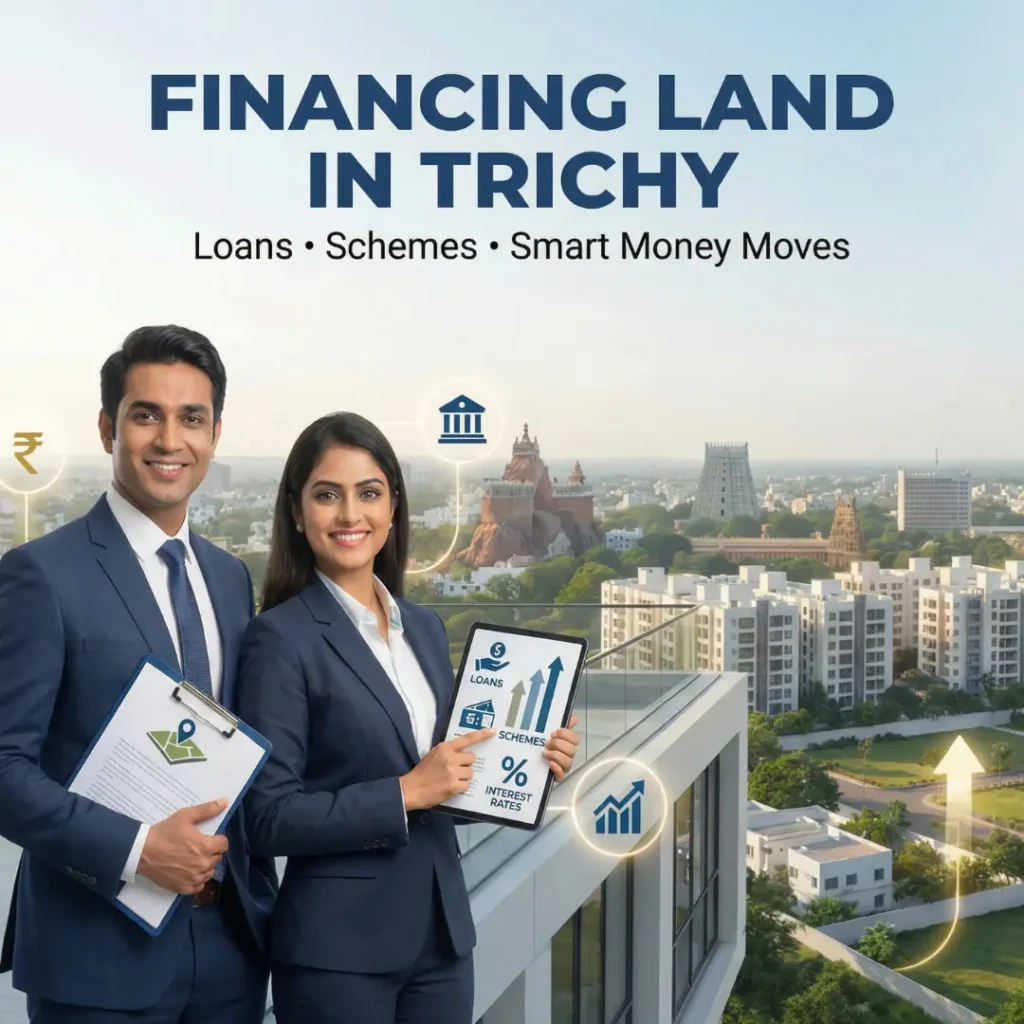 Two real estate professionals holding documents and a tablet showing loan and interest icons, with Trichy cityscape and temples in the background and headline about financing land.