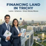 Two real estate professionals holding documents and a tablet showing loan and interest icons, with Trichy cityscape and temples in the background and headline about financing land.