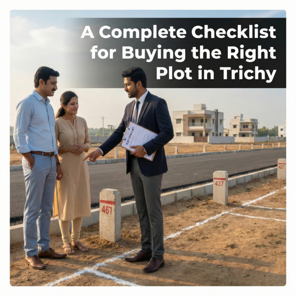 Real estate agent showing a residential plot to a couple in a newly developed layout in Trichy, with plot boundary markings, numbered stone markers, paved road, and modern houses in the background. Banner text reads: “A Complete Checklist for Buying the Right Plot in Trichy.”