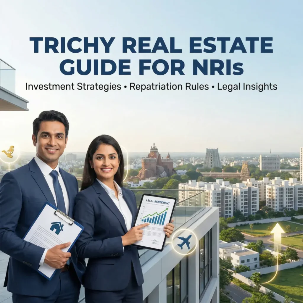 Two business professionals holding documents and a tablet with a growth chart, standing on a terrace with Trichy city and temples in the background and headline about NRI real estate guide.