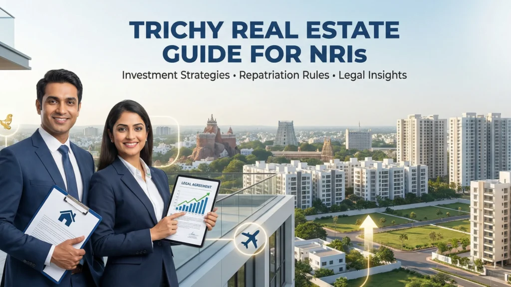 “Two professional real estate advisors holding documents and a tablet showing growth chart, with Trichy city skyline and apartments in the background, titled ‘Trichy Real Estate Guide for NRIs – Investment Strategies, Repatriation Rules, Legal Insights’.”