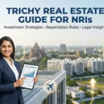 “Two professional real estate advisors holding documents and a tablet showing growth chart, with Trichy city skyline and apartments in the background, titled ‘Trichy Real Estate Guide for NRIs – Investment Strategies, Repatriation Rules, Legal Insights’.”